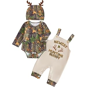 RSRZRCJ Newborn Baby Boy Fall Clothes Hunting Buddy Long Sleeve Romper Suspender Pants Overall Outfit Hat Set
