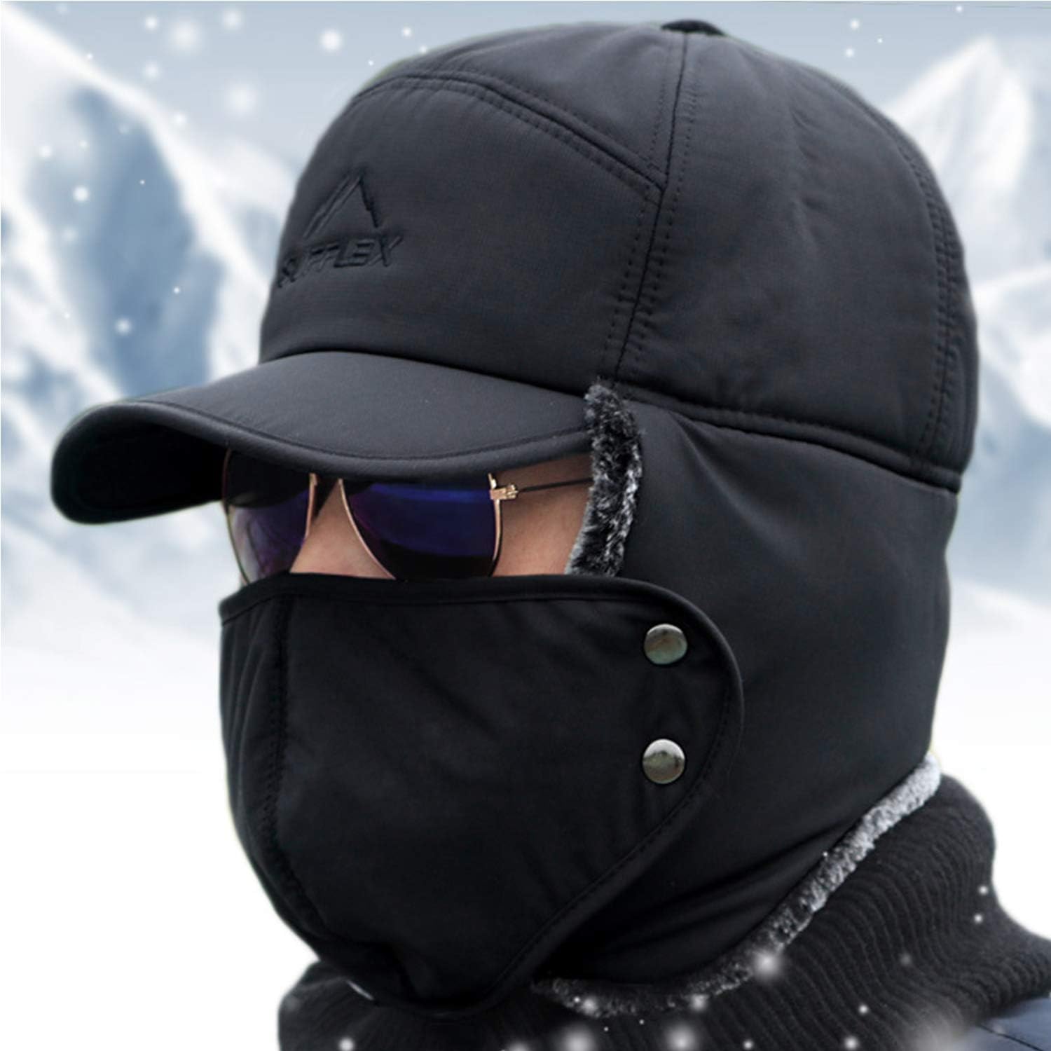 IPENNY Unisex Winter Warm Trapper Hat 3 in 1 Faux Fur Bomber Hat Earflap with Mask Full Face Protective Cover Windproof Trooper Hat Baseball Cap Snow Ski Cap for Cycling Camping Hiking Grey - Image 3