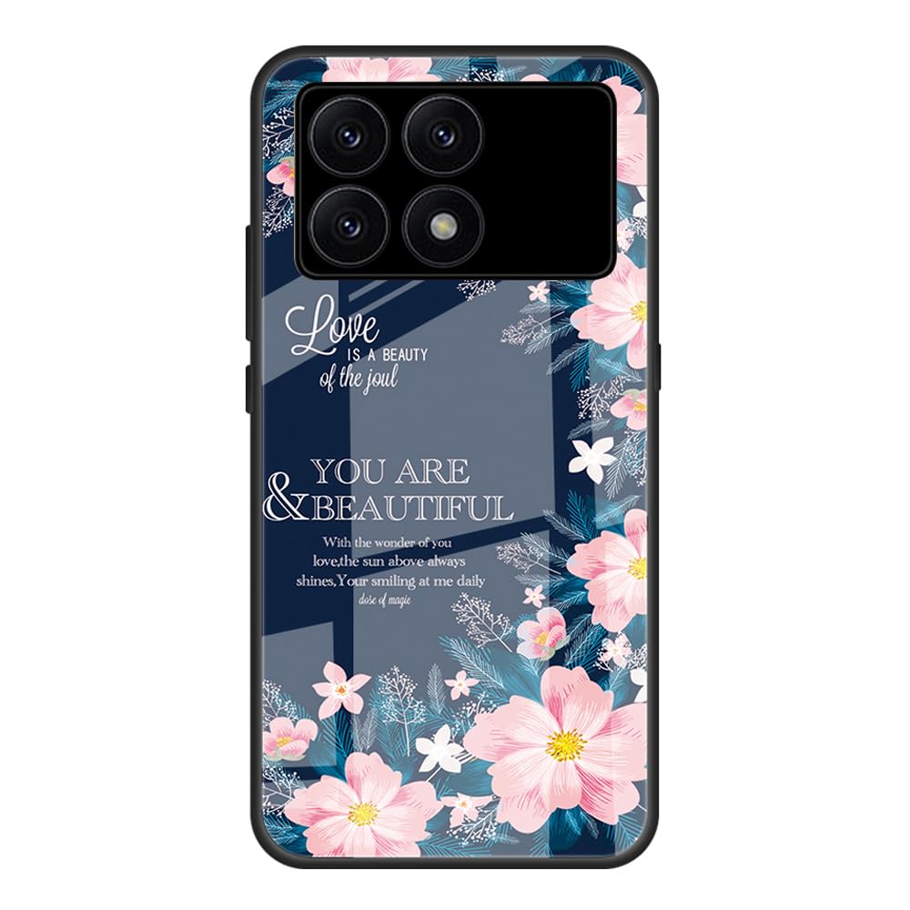 DEDUX Case for Xiaomi Poco F6 Pro 5G, Moon Starry Sky Tempered Glass Back Case + Shockproof Silicone Tpu Frame Protective Phone Case Cover. Pink Flowers
