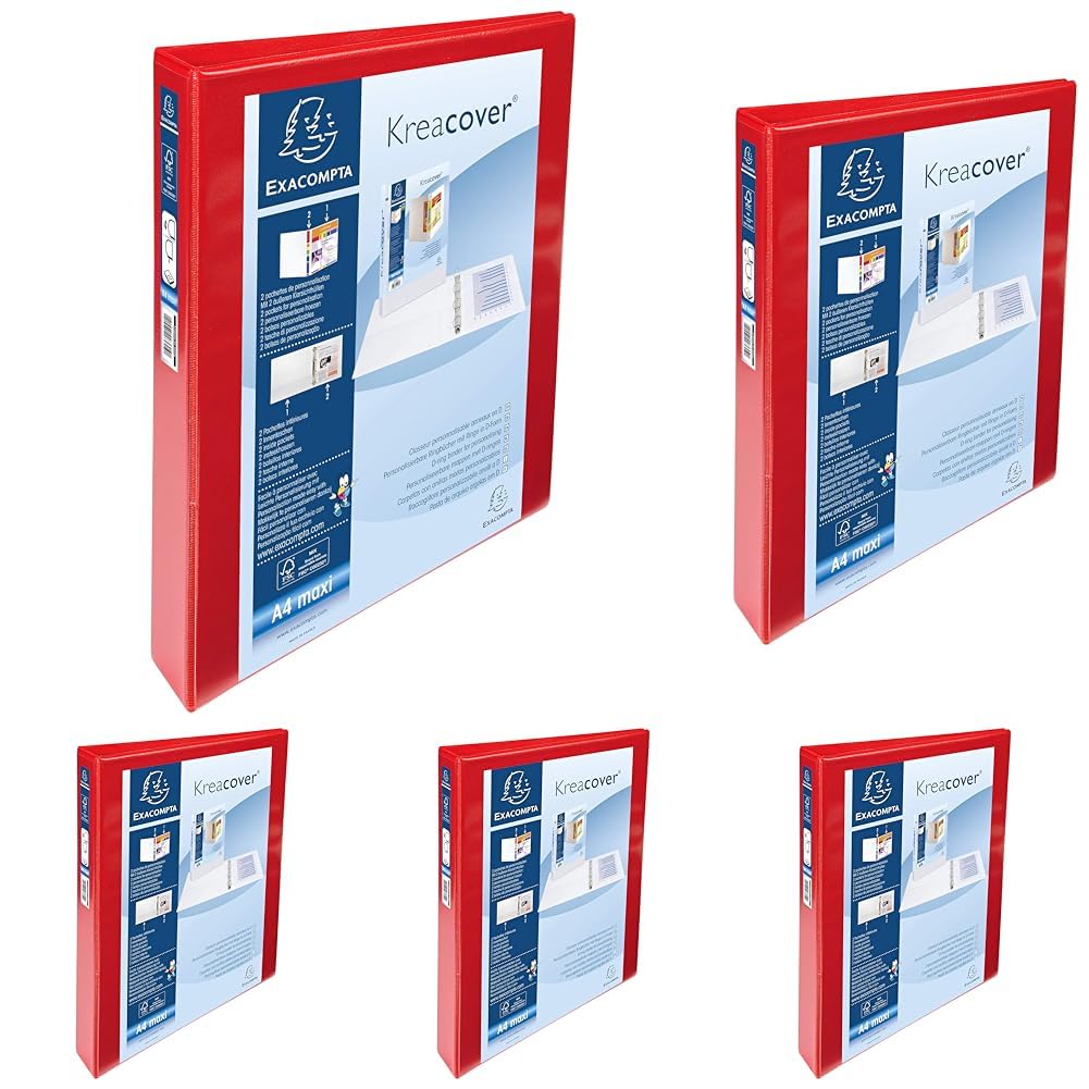 Exacompta - ref. 51942RE - 1 Customizable Rigid Opaque Binder with 2 Pockets - 4 D-Rings of 30 mm - Spine 47 mm - External Dimensions: 32 x 27.7 cm - A4 Maxi File Format - Colour: red (Pack of 5)