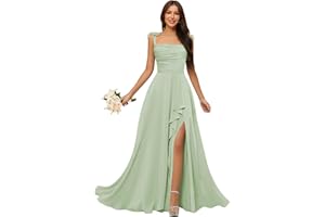 WWOM Spaghetti Straps Chiffon Bridesmaid Dresses for Women Long Pleated Formal Evening Prom Party Gown
