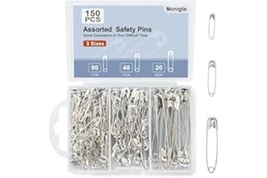 Monigte 150 PCS Safety Pins Assorted, 3 Different Sizes Silver Stainless Steel, Large, Small, Heavy Duty, for Clothes, Crafts