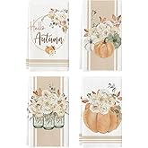 Artoid Mode Fall Pumpkin Flower Vases Kitchen Towels Dish Towels, 18x26 Inch Seasonal Autumn Thanksgiving Ultra Absorbent Bar Tea Hand Towel Set of 4