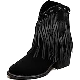NHBEOEN Suede Fringe Western Ankle Boots for Women Retro Fashion Studded Pointed Toe Pull-on Stack Chunky Heel Tassel Cowboy Boots for Country Music Prom Dress Short Booties