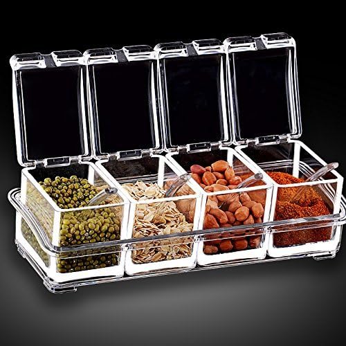 SWARG Clear Seasoning Rack Spice Pots by Getko- 4 Piece Acrylic Seasoning Box - Storage Container Condiment Jars - Cruet with Cover and Spoon