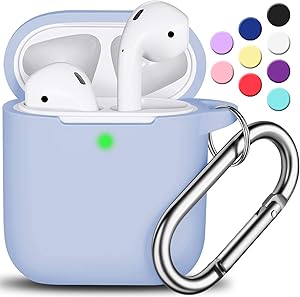 AirPods Case Cover with Keychain, R-fun Full Protective Silicone AirPods Accessories Skin Cover for Women Girl with Apple AirPods Wireless Charging Case,Front LED Visible-Sky Blue