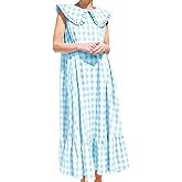 HOULENGS Women's Summer Plaid Sleeveless Maxi Dress Casual Ruffle Flowy A-Line Beach Gingham Long Sundress with Pockets