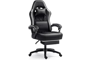 Darkecho Gaming Chair with Pocket Spring Cushion,Massage Office Chair with Footrest and Linkage Armrests,Ergonomic Adjustable Leather Gamer Computer Chair with Headrest and Lumbar Support Black/Grey