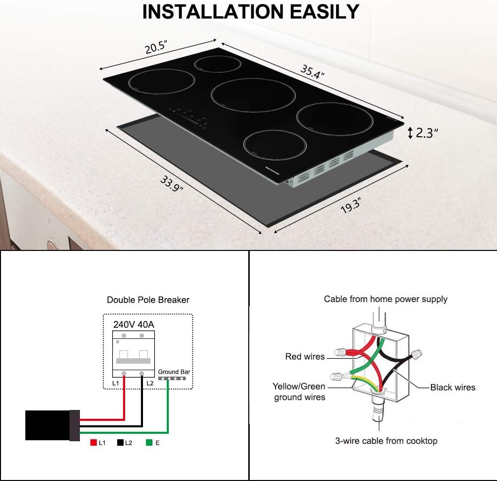 Electric Cooktop, thermomate 36 Inch Built-in Induction Stove Top, 240V Electric Smoothtop with 5 Boost Burner, 9 Heating Level, Timer, Kid Safety Lock, Keep Warm Function, Dual ETL & FCC Certificated: Appliances