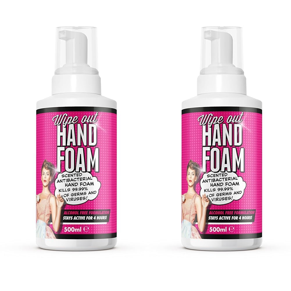 Wipeout Hand Foam with Pump | Scented Anti-Bacterial Alcohol Free Sanitiser | Kills 99.99% of Bacteria and Viruses, 500ml, Clear, FAM0631 (Pack of 2)