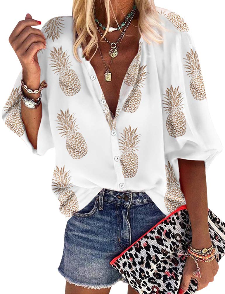 Photo 1 of ZXZY Women Pineapple Printed Lapel Collar Half Sleeves Buttons Down Blouse Shirt