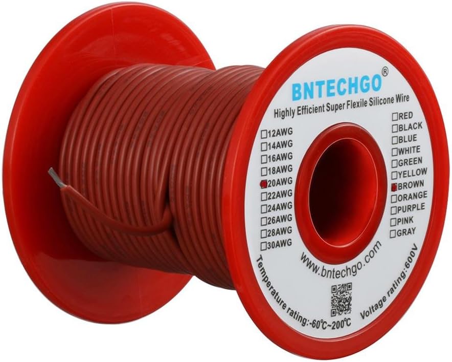 BNTECHGO 20 Gauge Silicone Wire Spool Brown 100 ft Ultra Flexible High Temp 200 deg C 600V 20 AWG Silicone Rubber Wire 100 Strands of Tinned Copper Wire Stranded Wire for Model Low Impedance
