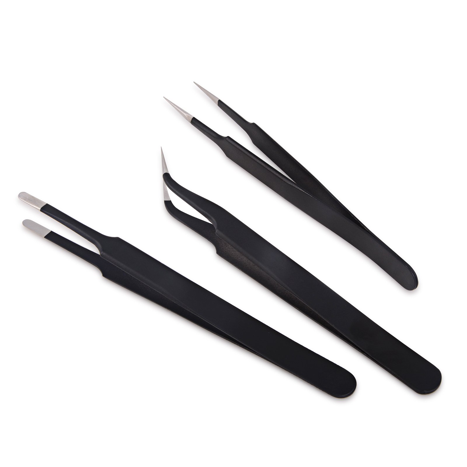 Winjun 3 Pieces Black Stainless Steel Professional Precision Tweezers Set for Industrial Electronics Jewelry-making Laboratory Work Hobbies