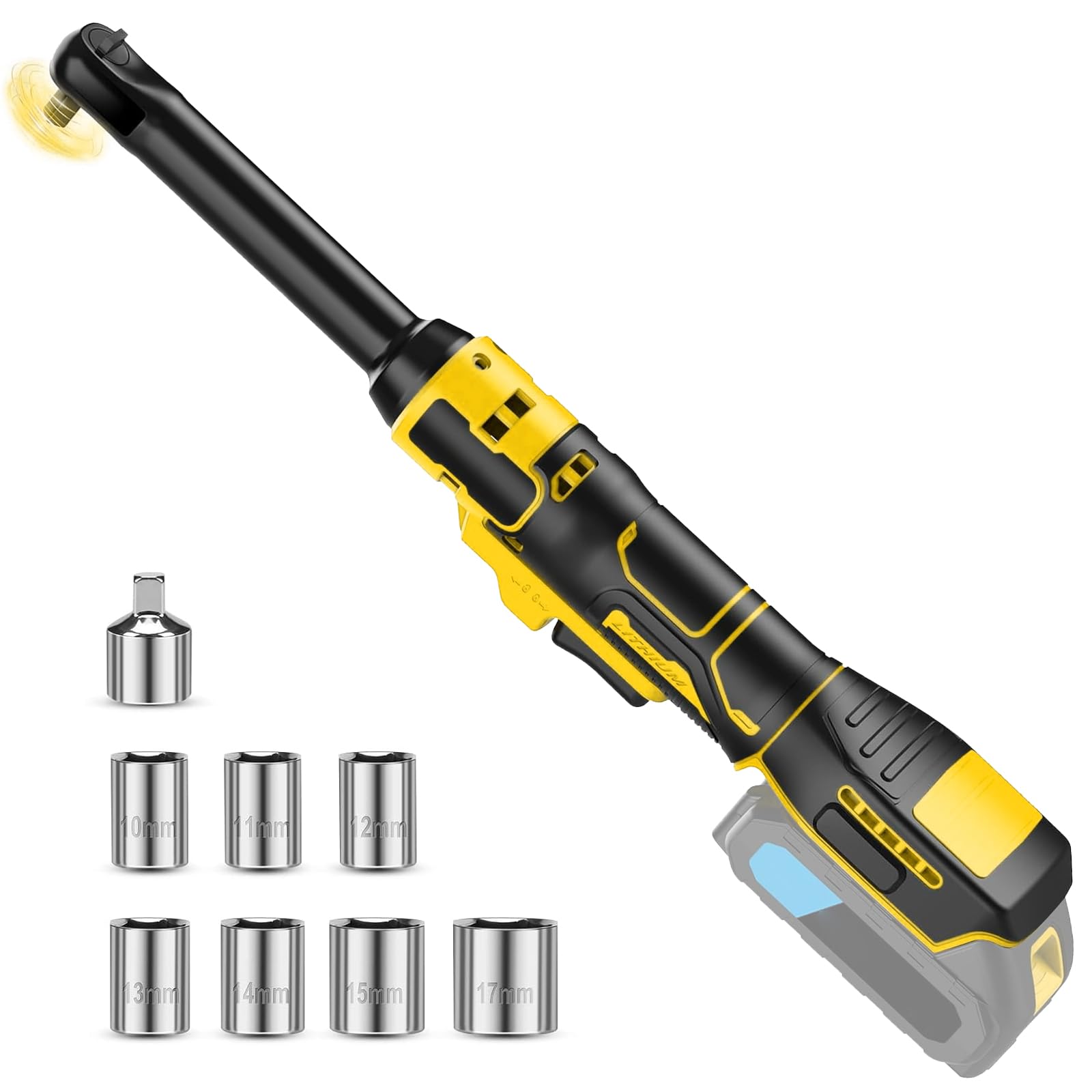 80N.m 3/8" Extended Electric Ratchet Wrench Set Compatible with Dewalt 18V 20V, 16cm Cordless Ratchet Wrench Driver Kit with 7 Sockets, 1/4" Adapter, Powered Ratchet Wrench with Light