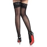 comeondear Black Sexy Sheer Thigh High with Seam Plus Size Overknees Nylon Stockings with Silicone Strap for Women