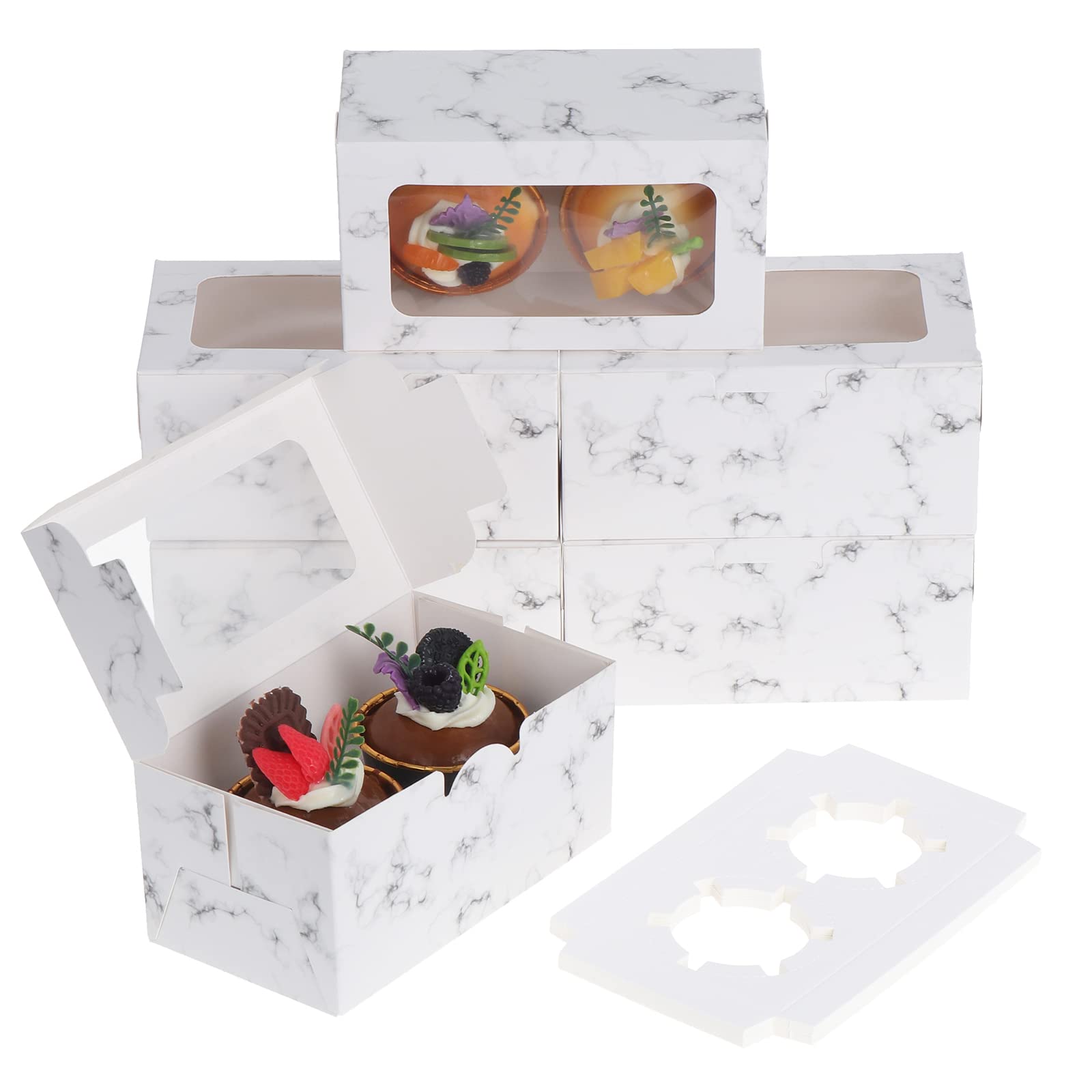 Coolty 50pcs Cupcake Boxes 2 Holes with Window and Insert Bakery Pastry Packaging Boxes for Muffins Cupcakes Small Cakes Desserts Cookies Pies (Marble White)
