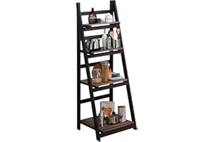 ECOMEX Ladder Shelf,4-Tier Leaning Ladder Bookshelf,Foldable Plant Shelf for Home Decor, Multifunction Bookcase for Bathroom Living Room,Home Office and Kitchen(Brown Shelf+Black Frame)