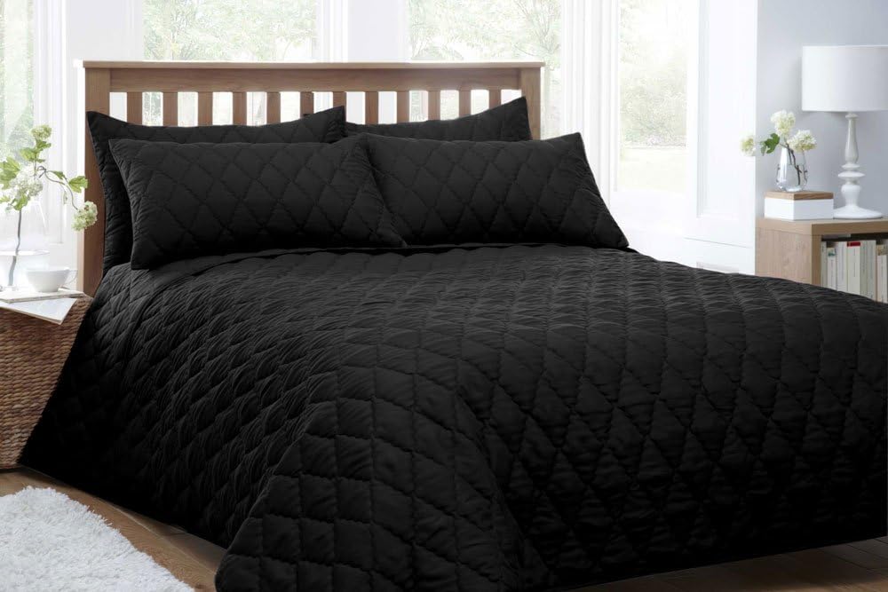 SINGLE SIZE BLACK QUILTED BED THROW SET 