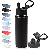 Volhoply 20oz Insulated Stainless Steel Water Bottle with Straw Lid, Kids Wide Mouth Double Wall Vacuum Cups with Handle,Reusable Outdoor Sports Metal Bottles,Travel Flask Keep Cold&Hot(Black,1)