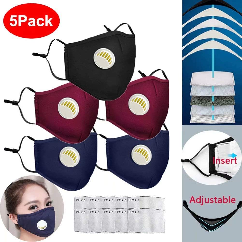 5 Pack PM2.5 Cotton Face Mask Washable Activated Carbon Filter Respirator Mouth Masks Dustproof Earloop Safety Mask,with 10Pcs Filters