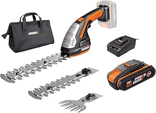 WORX 20V Akku Gras- und Strauchschere WG801E.4, PowerShare, Heckenschere Rasenschere 20cm, 12 cm Strauchtrimmer, 10 cm Grasmesser, Rasenkantenschere, Tragetasche, 1 Std. Schnellladegerät, 18V