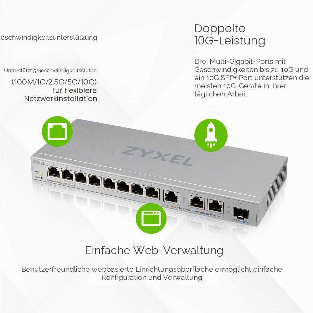 Zyxel Netzwerk Switch 12 Port | Web Managed Multi Gigabit LAN Splitter | 8X 1GbE + 3X 10Gb + 1x 10G SFP+ Ports | QoS, VLAN, Link Aggregation, IGMP | Desktop oder Wand Montage | Smart Fan | XGS1250-12 2