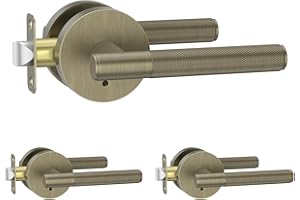 Amerdeco 3 Pack Brushed Antique Brass Door Handles Interior, Knurled Privacy Door Handles, Heavy Duty Door Lever for Bedroom 