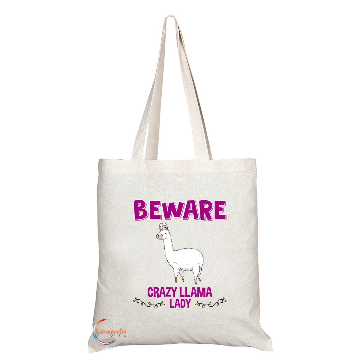 Coralgraph Inc TB250 Beware Crazy Llama Lady Novelty Present Gift Printed Eco-Friendly Stylish Long Handled Tote Shoulder Bag