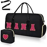 Mama Hospital Bag for Women Labor and Delivery Nylon Chenille Letter Embroidered Travel Duffle Overnight Weekender Bag with Shoes Compartment and Mothers Day Gifts Black-Hot Pink