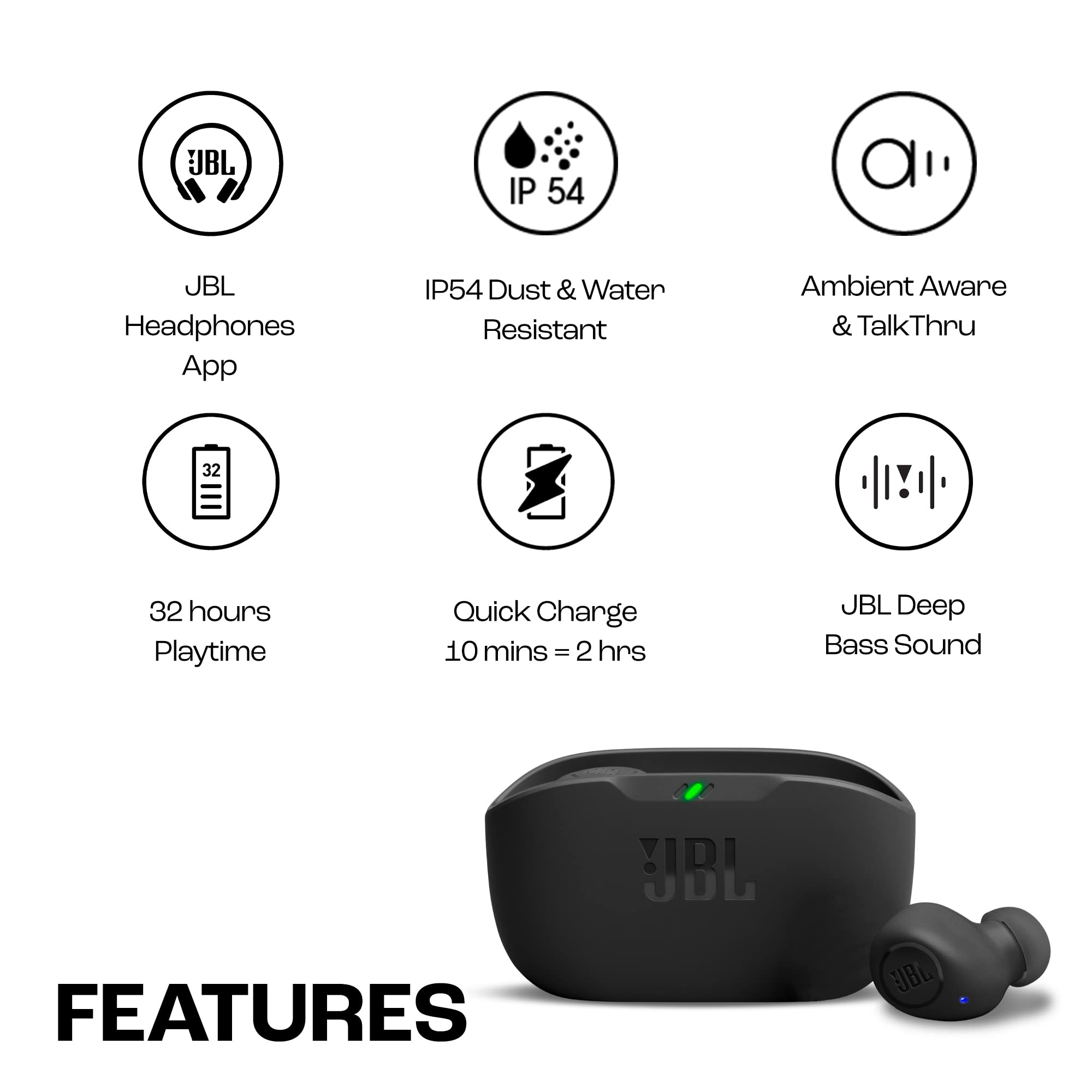 JBL Wave Buds – Kabellose In-Ear Ohrhörer mit IP54 und IPX2 Wasserdichtigkeit – Kraftvoller Bass und 32 Stunden Akkulaufzeit – Schwarz 3