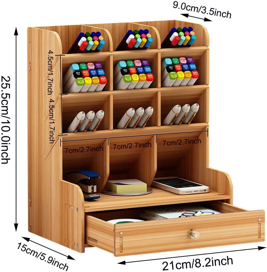 Marbrasse Wooden Desk Organizer, Multi-Functional DIY Pen Holder Box, Desktop Stationary, Easy Assembly, Home Office Supply Storage Rack with Drawer (B11-Cherry Color) : Office Products