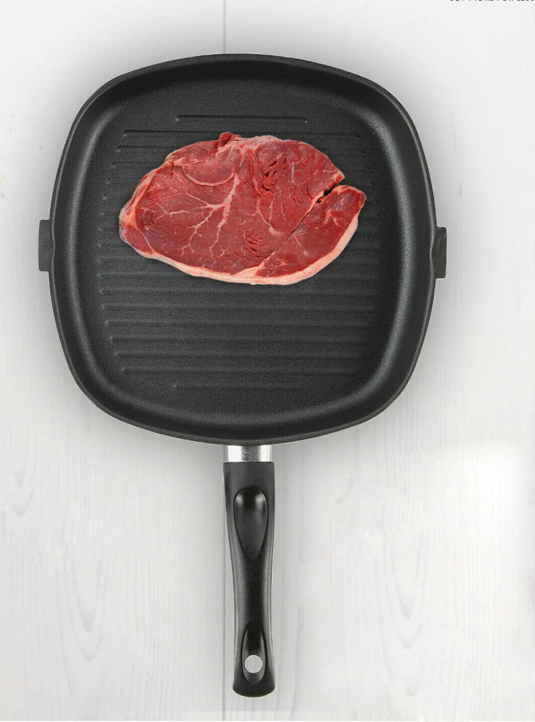 Stuffs Direct Carbon Steel Square Grill Pan, Griddle pan 24cm Long Handle for Induction ,Halogen ,Gas, Ceramic and Electric Hob, Black