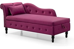 RARZOE Tufted Velvet Chaise Lounge Indoor with Storage, Upholstered Rolled Arm Chaise Lounges Indoor Chair, Right Arm Facing Chaise Lounge with Nailhead Trim for Living Room Bedroom Office,Burgundy