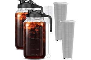 HomeCheer 2 Set 64 oz (2 Quart), Black Cold Brew Coffee Maker, Iced Tea Machines, Thick Glass with Pour Spout Handle Lid, Stainless Steel Filter for Iced Coffee, Fruit Drinks or Sun Tea (2)