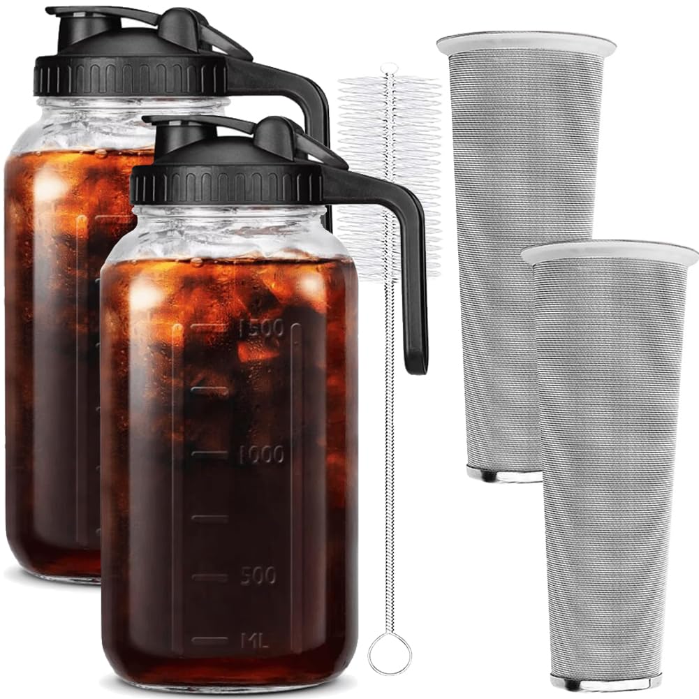 Photo 1 of HomeCheer 2 Set 64 oz (2 Quart), Black Cold Brew Coffee Maker, Iced Tea Machines, Thick Glass with Pour Spout Handle Lid, Stainless Steel Filter for Iced Coffee, Fruit Drinks or Sun Tea (2)