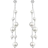 EleQueen Simulated Pearl Ball Dangle Earrings for Women, Cubic Zirconia Long Chain Jewelry for Wedding Party