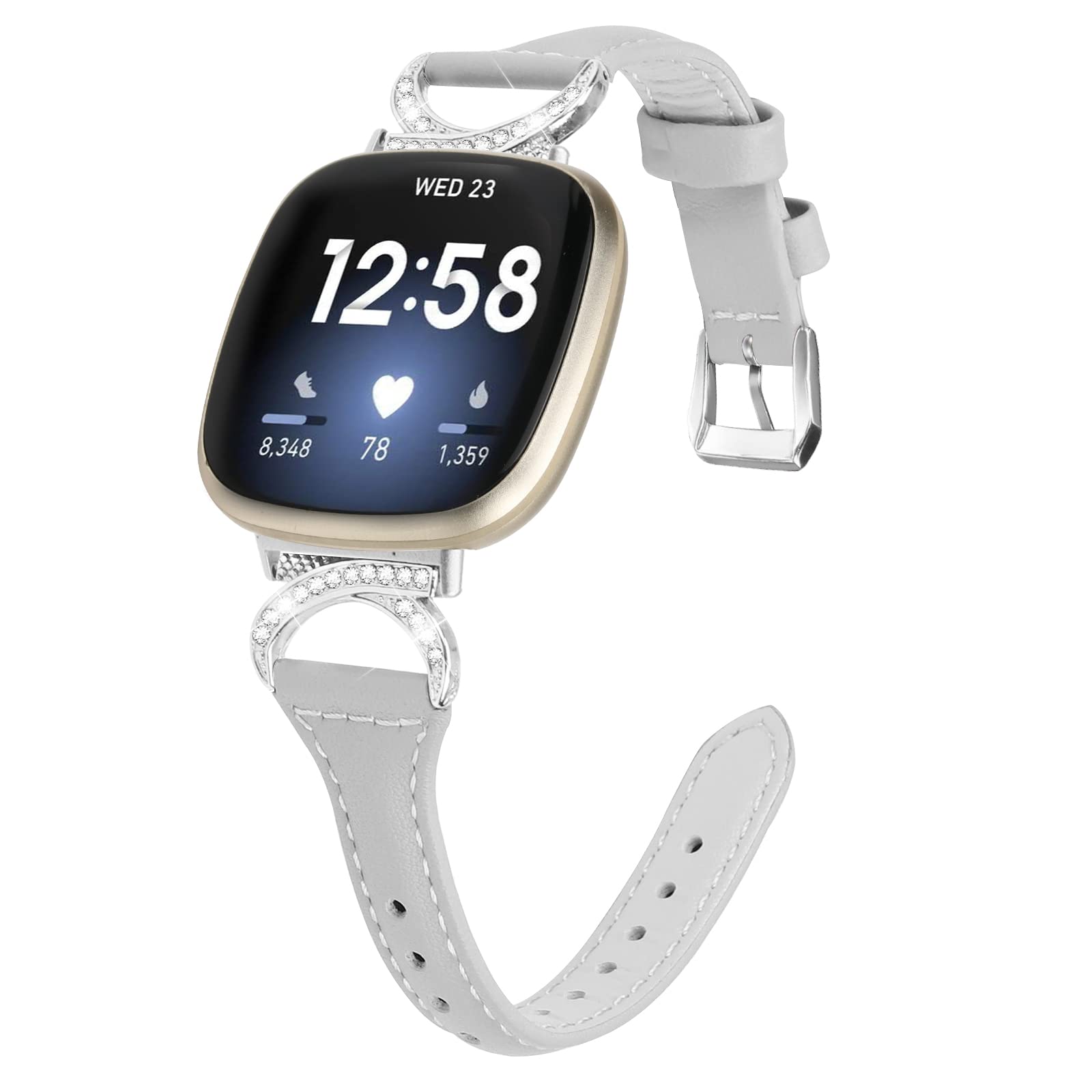 Gimuk Leather Strap Compatible with Fitbit Versa 4/Sense 2, Women's Genuine Leather Sport Band with Metal Bling Rhinestone for Fitbit Versa 3/Sense (Grey)