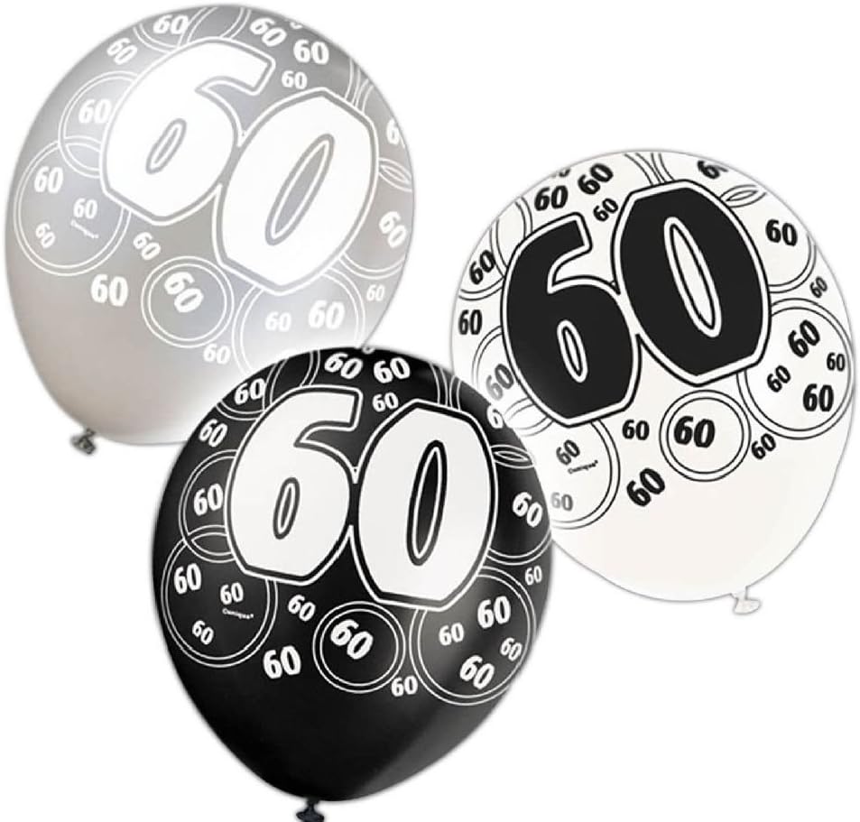 6 Assorted Black Glitz 60Th Birthday Printed Latex Balloons