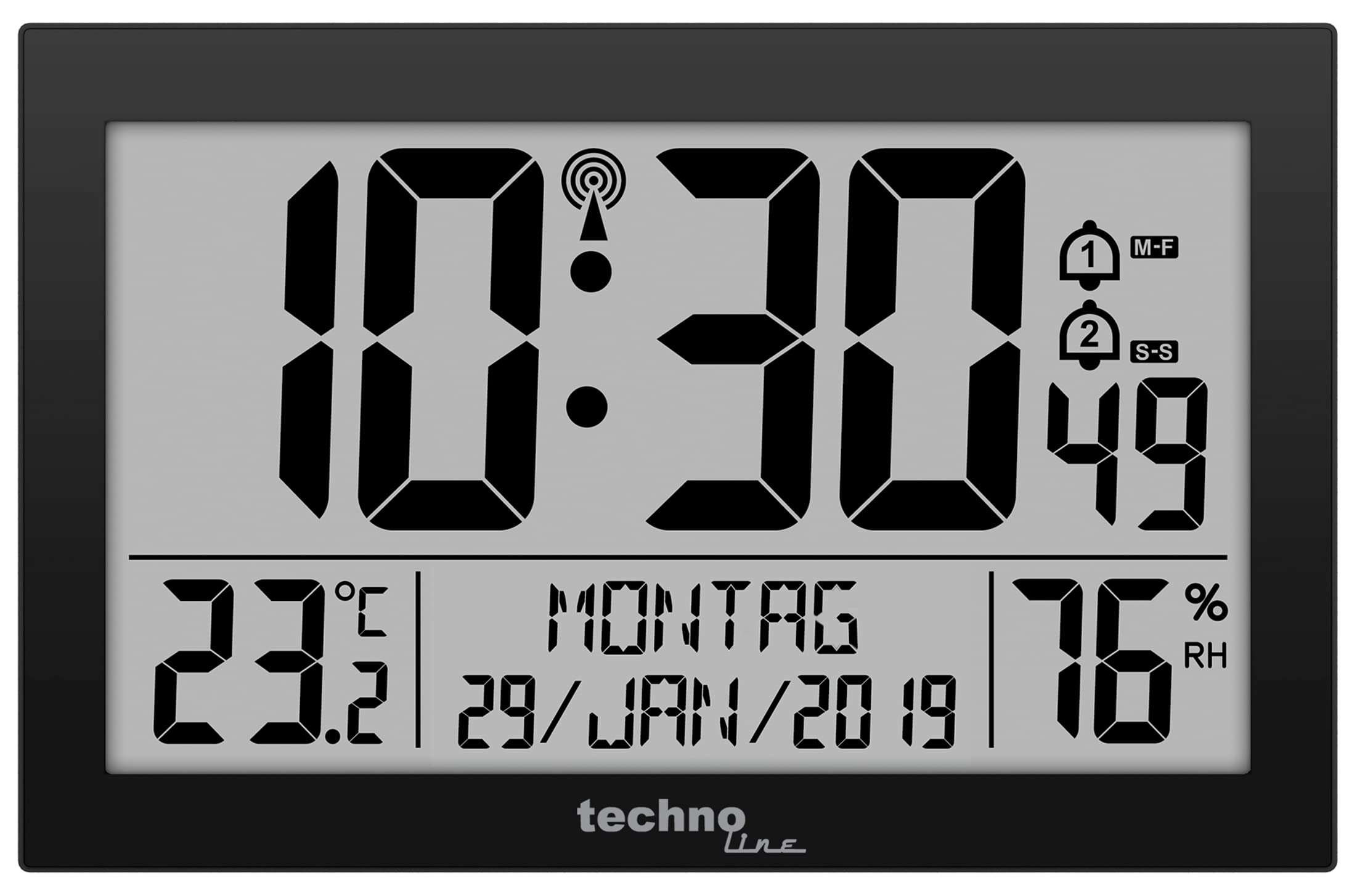 Technoline Dirgitale Modern Radio-Controlled Wall Clock in Black, Acrylonitrile Butadiene Styrene, Black, 225 x 24 x 143 mm