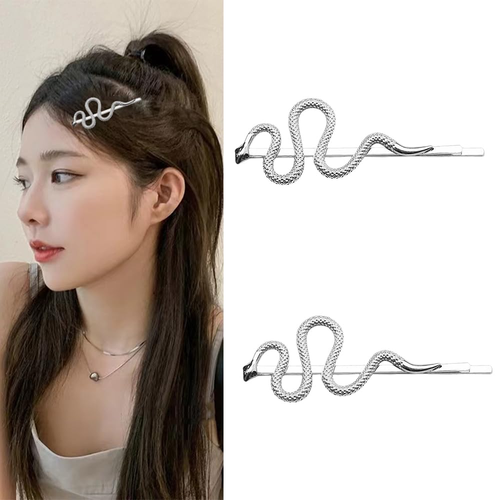 Snake Hair Clip for Women Girls Silver Hair Clips Barrettes for Teen Girl Hairclip Hairpin Hair Clips Snake Headdress Headpiece Silver Hair Decoration Accessories for Women Girls 2Pcs