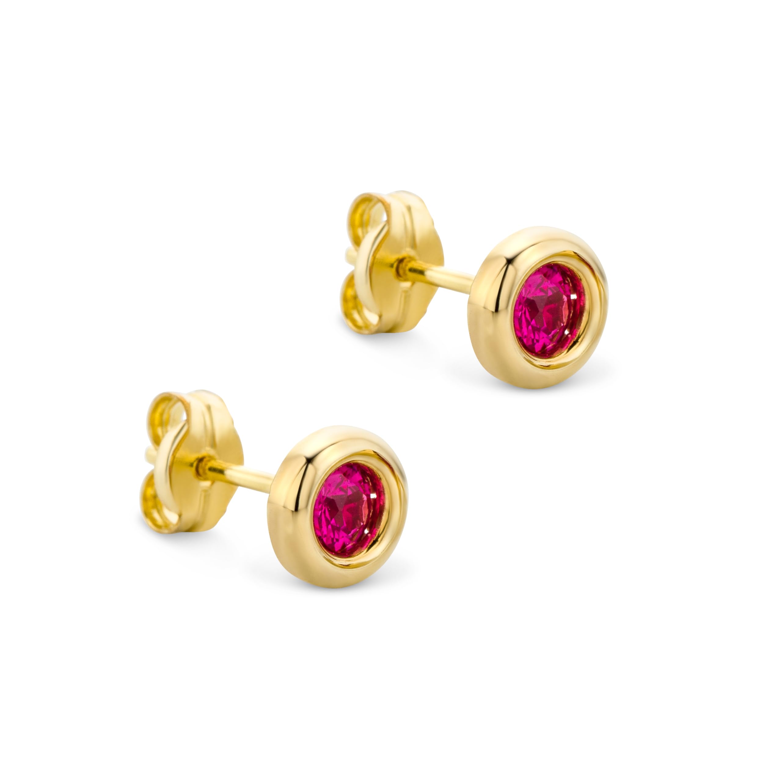 Orovi Round Yellow Gold Earrings for Women with Rubies in 9 Carat Gold, Hypoallergenic Earrings - Handmade studs with jewellery box