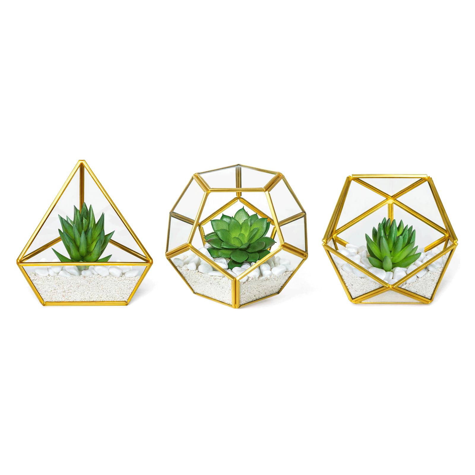 Photo 1 of Mkono Artificial Succulent in 3 Pack Mini Glass Geometric Terrarium, Miniature Potted Faux Plant Bookshelf Desk Boho Office Room Decor for Women Girls Dorm Gift Idea, Gold