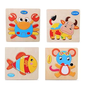 Emob Pack 0f 4 Different Theme Wooden 3D Educational Learning Puzzle Toy for Kids