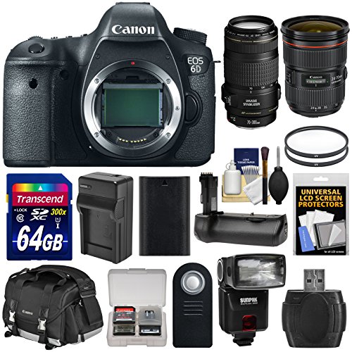 Canon EOS 6D Digital SLR Camera Body with 24-70mm f/2.8 L II & 70-300mm IS Lenses + 64GB Card + Case + Flash + Grip + Battery & Charger Kit Canon EOS 6D Digital SLR Camera Body with 24-70mm f/2.8 L II & 70-300mm IS Lenses + 64GB Card + Case + Flash + Grip + Battery & Charger Kit