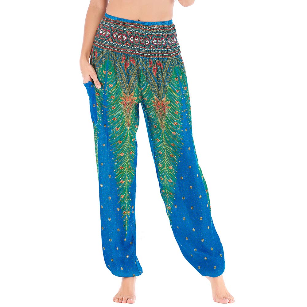 Nuofengkudu Baggy Yoga Pants for Women Boho Patterned Elasticated High Waisted Comfortable Harem Trousers Summer Beach Holiday(Blue Peacock X,One Size)