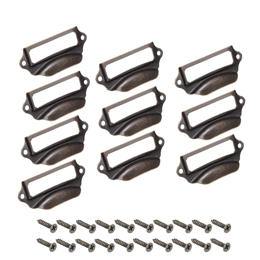 sourcing map Label Holder Pull Handles, Vintage Iron Label Frame Drawer Knobs for Cabinet Cupboard, Red Bronze Tone 69x29mm Pack of 10 w Screws