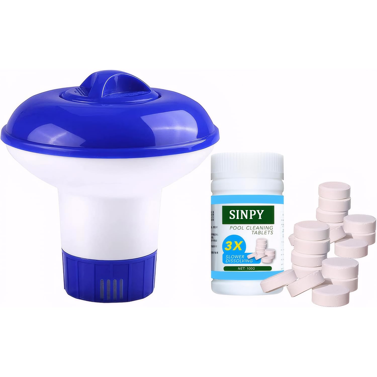 Chlorine Tablets for Hot Tub, 100g Chlorine Tablets for Swimming Pool with Floating Chlorine Tablets Dispenser for Swimming Pool Paddling Pool Spa Bathtubs