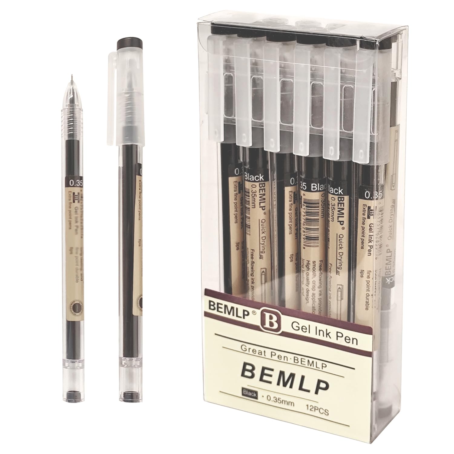 Gel ink pen 0.35mm Black Liquid Ink Rollerball Premium School Office Student Exam Writing Stationery Supply 12 Pcs/Set (Black)