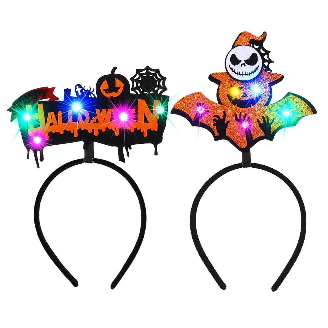 Zoestar LED Halloween Headbands Light up Glowing Headband Pumpkin Black Cat Hair Hoops Spider Web Ghost Party Costume Hair Accessories for Women,2 Pcs (Style 1)