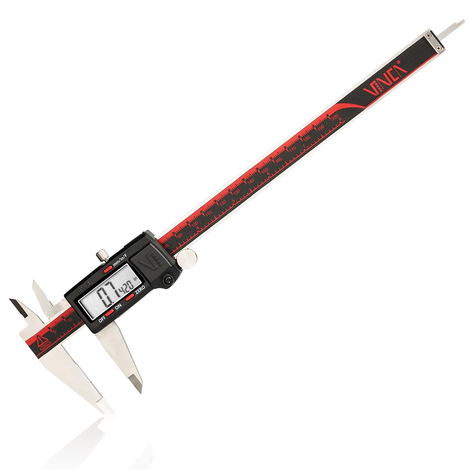 Photo 1 of VINCA IP54 Grade Digital Caliper, DCLA-0805 8 Inch/200mm, Inch/Millimeter/Fractions Conversion, Stainless Steel, Large LCD Screen